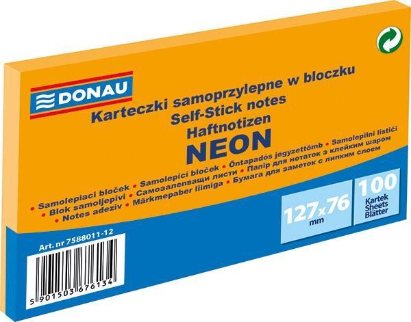 Blok samolepicí DONAU 127 x 76 mm. NEON ORANŽOVÝ 100 listů