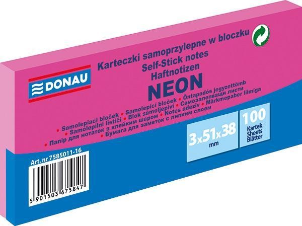 Blok samolepicí DONAU 51 x 38 mm 3 x 100 list. NEON RŮŽOVÝ