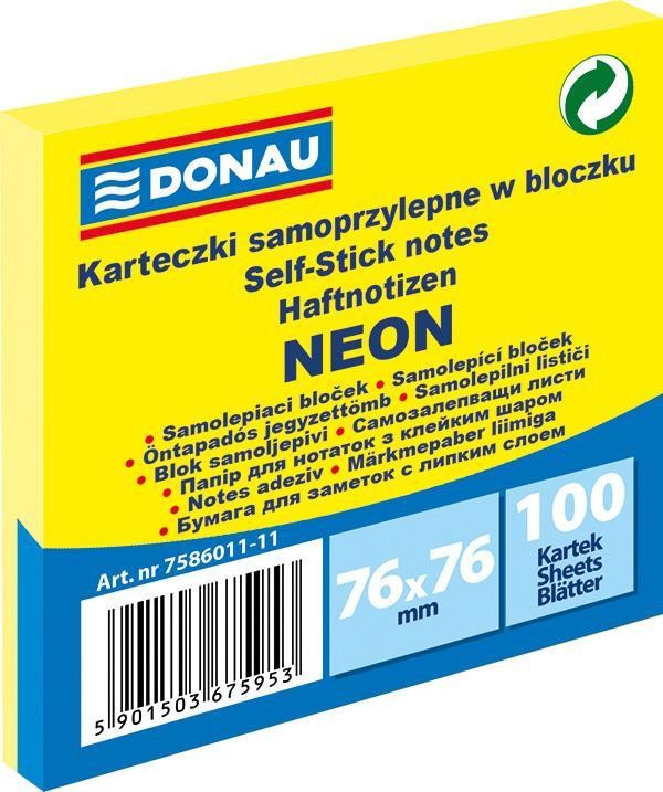 Blok samolepicí DONAU 76 x 76 mm. NEON ŽLUTÝ 100 listů