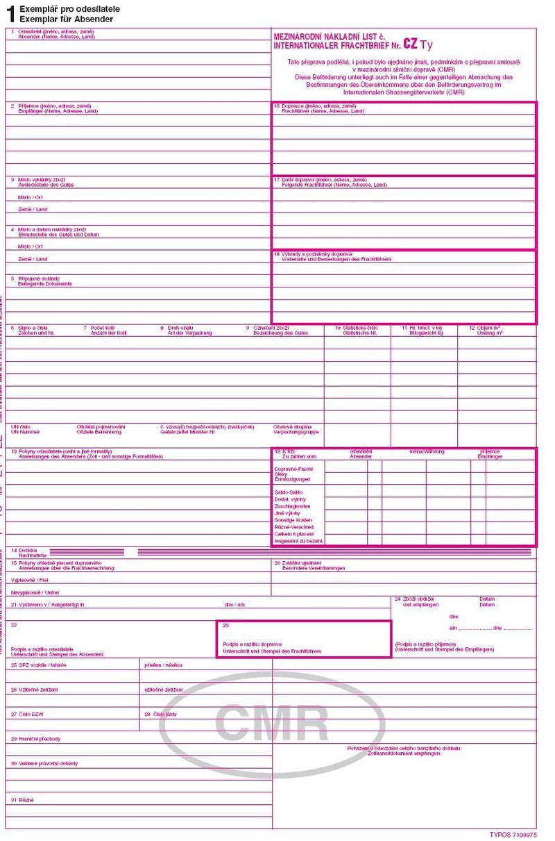 MEZINÁRODNÍ nákladní list - CMR 1+6 SL 100ks.