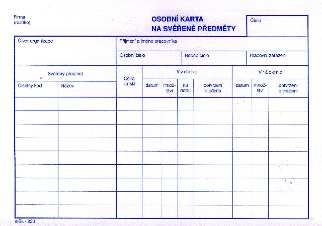 OSOBNÍ KARTA NA SVĚŘENÉ PŘEDMĚTY A5