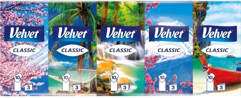 Papírové kapesníčky VELVET 3vr., 10×10ks. Papírové kapesníčky VELVET 3vr., 10×10ks.