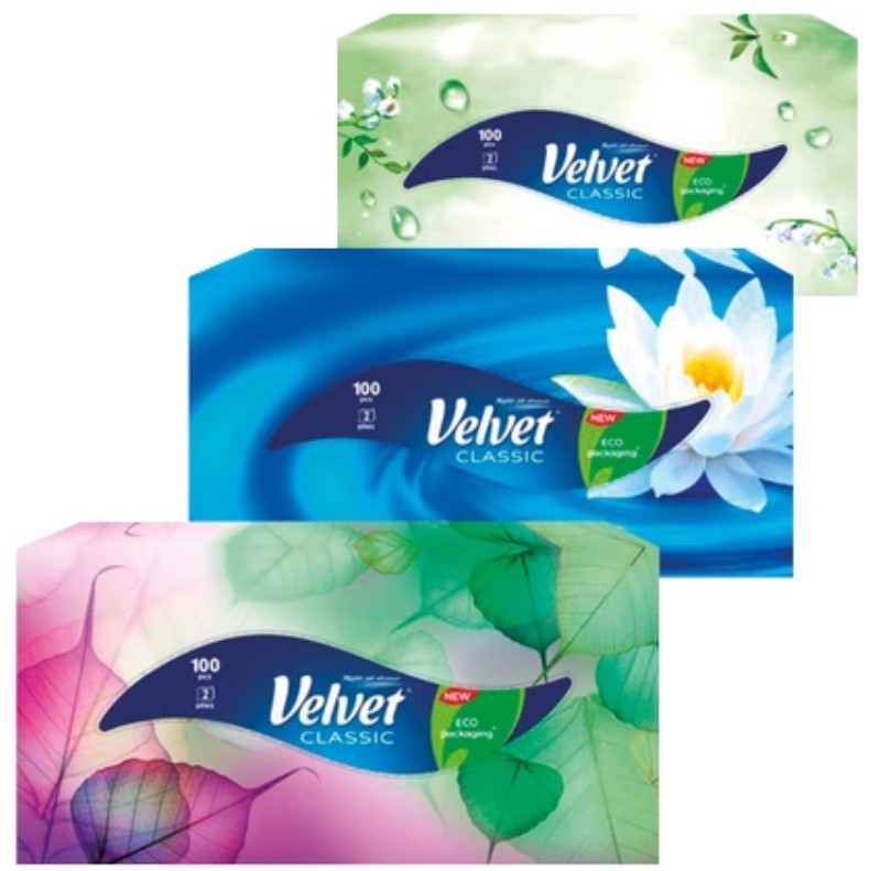 Papírové kapesníčky VELVET v boxu vytahovací 2vr. 100ks. Papírové kapesníčky VELVET v boxu vytahovací 2vr. 100ks.