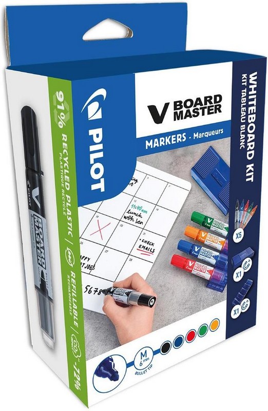 Popisovač PILOT 5979 na bílé tabule V-Board Master popisovače + držák + modrá houba.