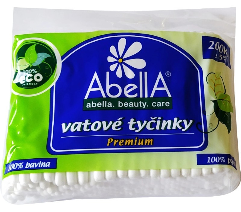 Tyčinky vatové ABELLA PREMIUM 100% bavna, sáček 200 ks Tyčinky vatové ABELLA PREMIUM 100% bavna, sáček 200 ks