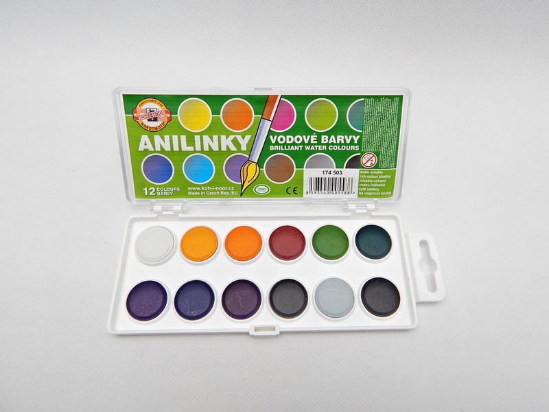 Vodové barvy ANILINKY 174503/12 22mm. BRILANTNÍ 12 barev SADA